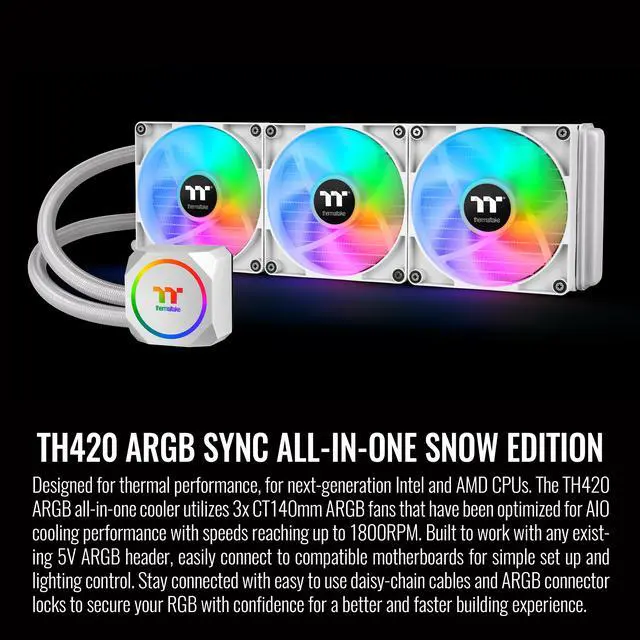 Alt view image 2 of 5 - Thermaltake TH420 ARGB Sync All-In-One Liquid Cooler Snow Edition, AMD(AM5/AM4) Intel(LGA 1700/1200), 420mm High Efficiency Radiator, CL-W369-PL14SW-A