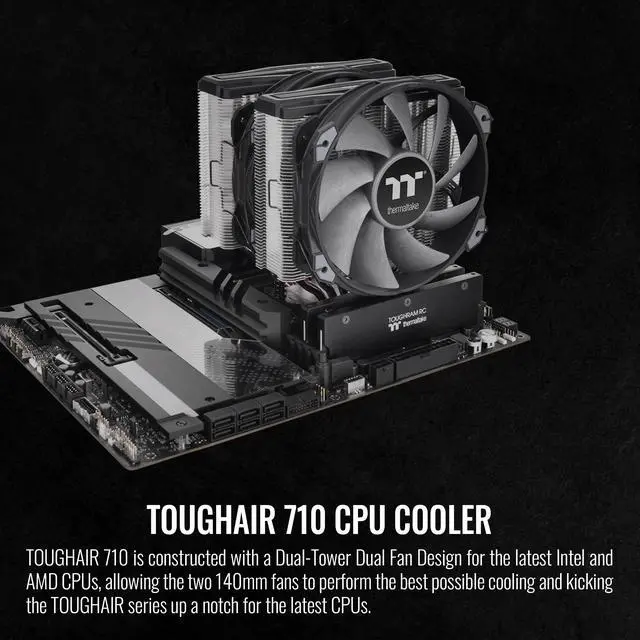 Alt view image 2 of 6 - Thermaltake TOUGHAIR 710 250W TDP CPU Cooler, Intel LGA 1700/1200, AMD AM5/AM4, Dual-Tower Dual Fan Design, Copper base with 7 heat pipes, CL-P110-CA14GM-A