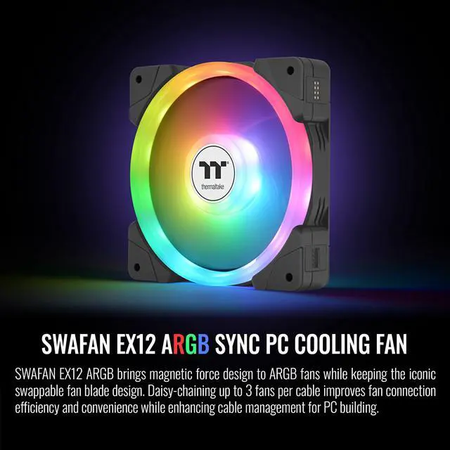 Alt view image 2 of 7 - Thermaltake SWAFAN EX 12 ARGB PC Cooling Fan, 3-Fan pcak, 500 ~ 2000 RPM, Magnetic Connection, Reversable Blades, sync with MB RGB software, CL-F167-PL12SW-A