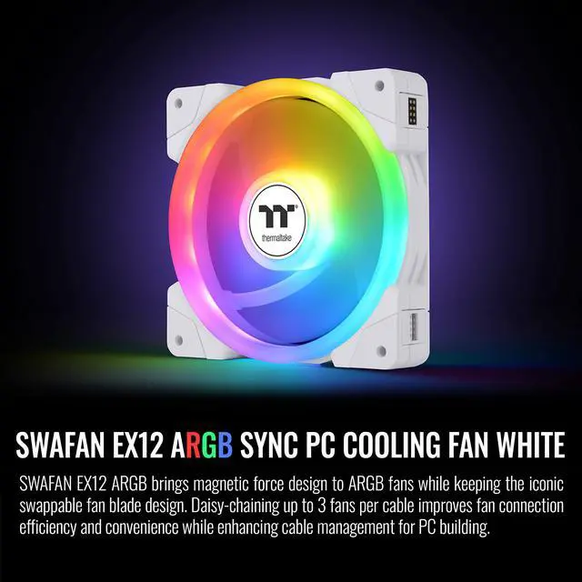 Alt view image 2 of 7 - Thermaltake SWAFAN EX 12 ARGB PC Cooling Fan White, 3-Fan pcak, 500 ~ 2000 RPM, Magnetic Connection, Reversable Blades, sync with MB RGB software, CL-F169-PL12SW-A