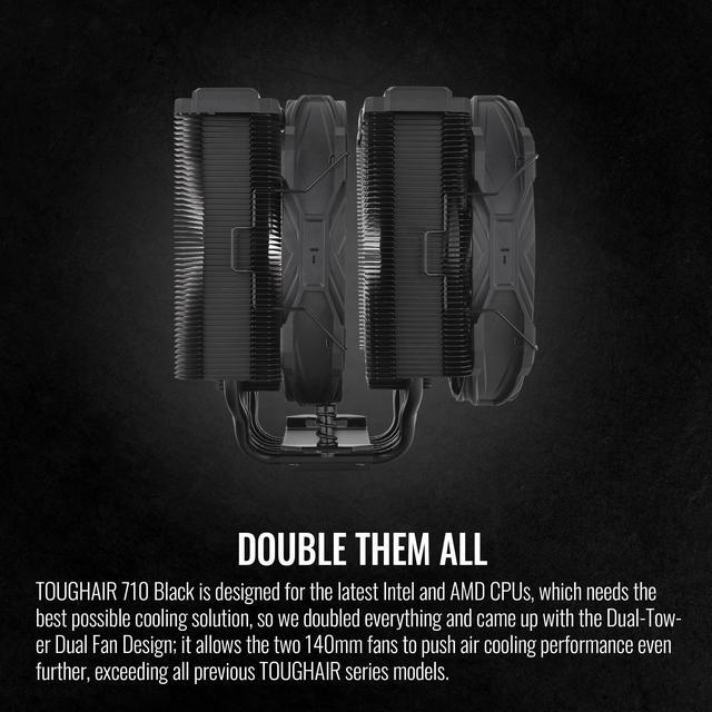 Alt view image 3 of 6 - Thermaltake TOUGHAIR 710 Black Edition 250W TDP CPU Cooler, Intel LGA 1700/1200, AMD AM5/AM4, Dual-Tower Dual Fan Design, Copper base with 7 heat pipes, CL-P117-CA14BL-A