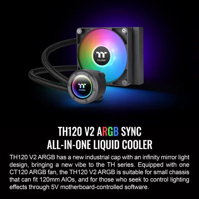 Alt view image 2 of 6 - Thermaltake TH120 ARGB Sync V2 CPU Liquid Cooler/AlO Liquid Cooling/Fan 120mm*1/PWM 500~2000 RPM/Mirror Waterblock/MB ARGB Sync Control, CL-W360-PL12SW-A