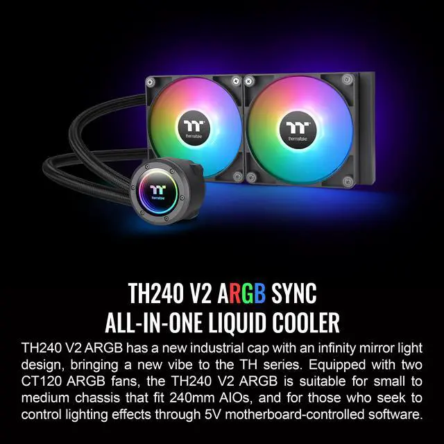 Alt view image 2 of 6 - Thermaltake TH240 ARGB Sync V2 CPU Liquid Cooler/AlO Liquid Cooling/Fan 120mm*2/PWM 500~2000 RPM/Mirror Waterblock/MB ARGB Sync Control, CL-W361-PL12SW-A