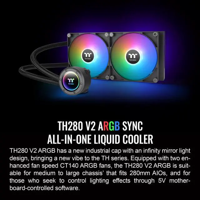 Alt view image 8 of 12 - Thermaltake TH280 ARGB Sync V2 CPU Liquid Cooler/AlO Liquid Cooling /Fan 140mm*2/PWM 500~2000 RPM/Mirror Waterblock/MB ARGB Sync Control, CL-W375-PL14SW-A