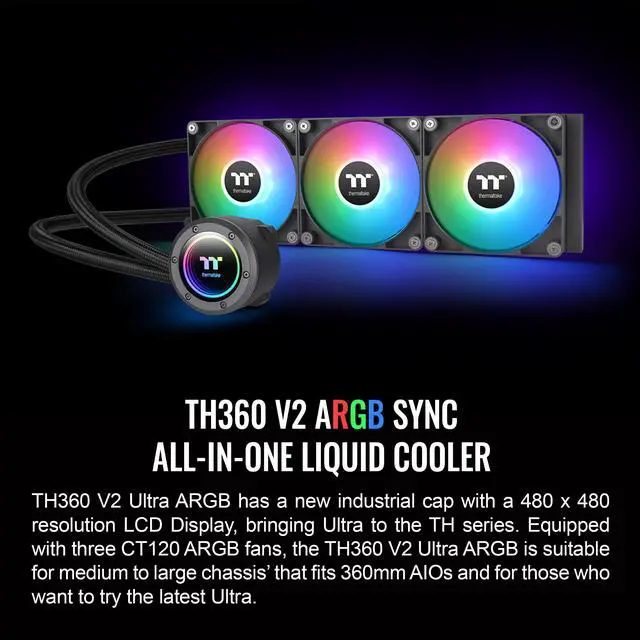 Alt view image 2 of 6 - Thermaltake TH360 ARGB Sync V2 CPU Liquid Cooler/AlO Liquid Cooling /Fan 120mm*3/PWM 500~2000 RPM/Mirror Waterblock/MB ARGB Sync Control, CL-W362-PL12SW-A