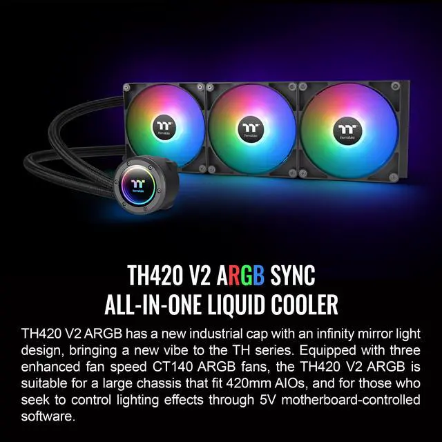 Alt view image 2 of 6 - Thermaltake TH420 ARGB Sync V2 CPU Liquid Cooler/AlO Liquid Cooling/Fan 140mm*3/PWM 500~2000 RPM/Mirror Waterblock/MB ARGB Sync Control, CL-W376-PL14SW-A