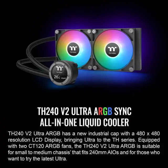 Alt view image 2 of 6 - Thermaltake TH240 V2 Ultra ARGB Sync/AlO Liquid Cooler /ARGB Fan 120*2/PWM 500~1500rpm/Water Block 2.1" LCD/Black, CL-W383-PL12SW-A