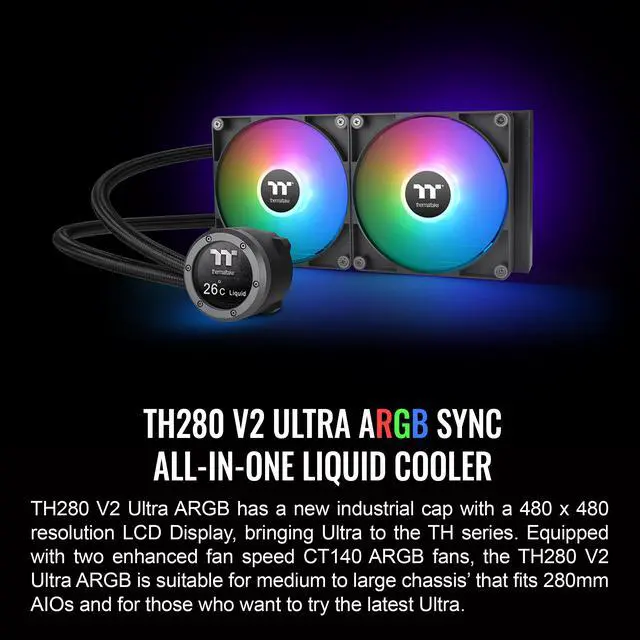 Alt view image 2 of 6 - Thermaltake TH280 V2 Ultra ARGB Sync/AlO Liquid Cooler/ARGB Fan 140*2/PWM 500~1800rpm/Water Block 2.1" LCD/Black, CL-W385-PL14SW-A