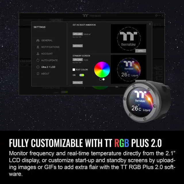 Alt view image 5 of 6 - Thermaltake TH280 V2 Ultra ARGB Sync/AlO Liquid Cooler/ARGB Fan 140*2/PWM 500~1800rpm/Water Block 2.1" LCD/Black, CL-W385-PL14SW-A