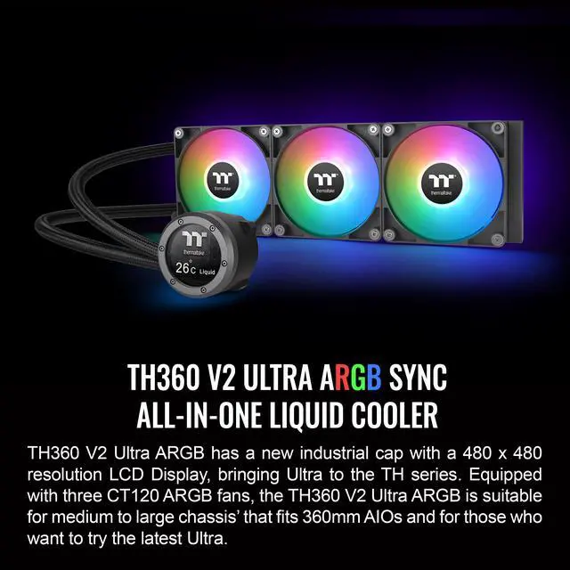 Alt view image 2 of 6 - Thermaltake TH360 V2 Ultra ARGB Sync/AlO Liquid Cooler/ARGB Fan 120*3/PWM 500~1500rpm/Water Block 2.1" LCD/Black, CL-W384-PL12SW-A - Supports Intel LGA 1851/1700 and AMD AM5/AM4