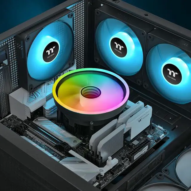 Alt view image 6 of 6 - Thermaltake UX150-L ARGB CPU Cooler; Copper Base/Aluminum Fins; 130mm PWM Fan; 500~2400 RPM; LGA 1851/1700/1200/1156/1155/1151/1150; Infinity Mirror; 130W TDP; Black; CL-P147-CA13SW-A