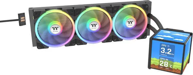 Main image of Thermaltake MINECUBE 360 Ultra CPU Liquid Cooler; Intel/AMD Compatible; 3x120mm 500~2000rpm SWAFAN EX ARGB; 360mm Radiator; MAGForce 2.0. 4x 3.95" TFT LCD Screens; Swappable Fan Blades; TT LCD Screen Control; Black; CL-W481-PL12SW-A