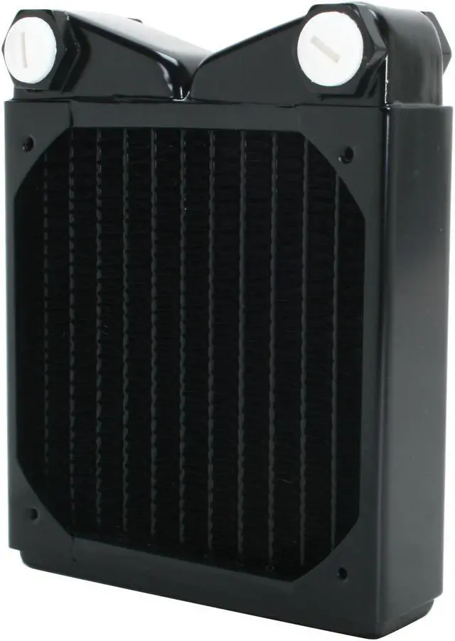 Main image of Swiftech MCR120-QP-STACK 120mm radiator, Stackable, Black, with screws, snap-rivets and (4) custom short barb fittings