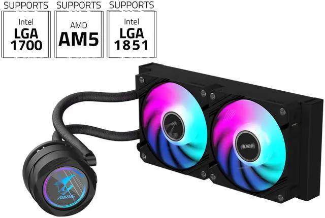Main image of AORUS WATERFORCE II 240 Liquid CPU Cooler, 240mm Radiator with 2x 120mm low noise ARGB Fans, compatible with Intel LGA1700, 1851 and AMD AM5 (GP-AORUS WATERFORCE II 240)