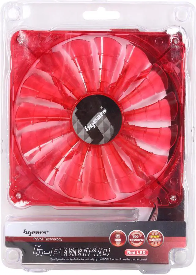Alt view image 4 of 4 - Bgears b-PWM 140 Translucent Red with Red LEDs, 15 Blades 2 Ball Bearing PWM fan with 500 to 1800 RPM, 110 CFM, 35.8dBA