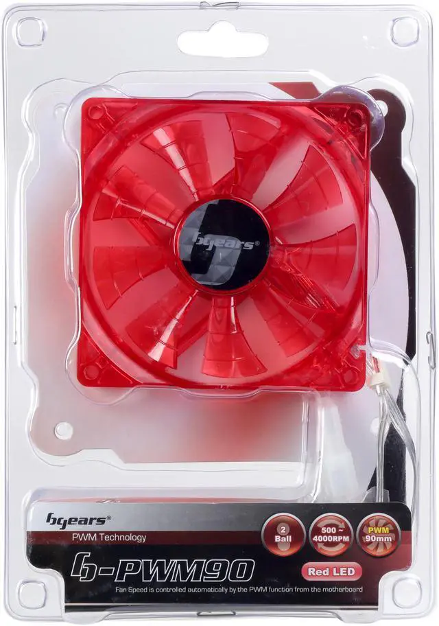 Alt view image 7 of 6 - Bgears b-PWM 90 Translucent Red with Red LEDs, 2 ball Bearing PWM fan with 500 to 4000RPM, 88CFM, 39dba