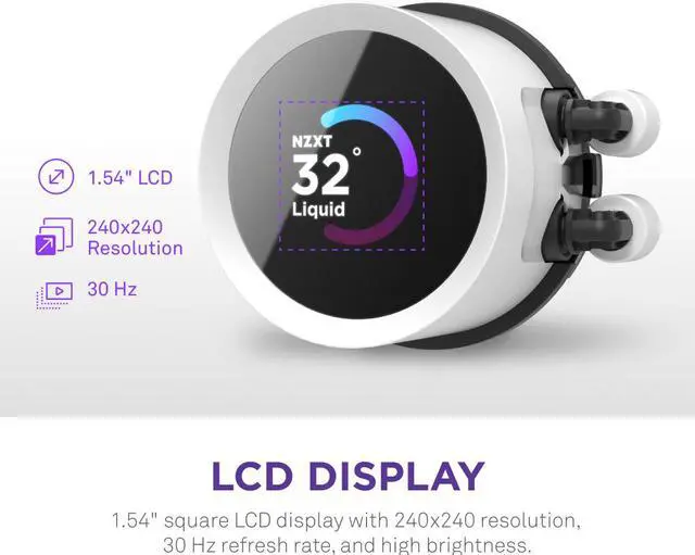 Alt view image 3 of 8 - NZXT Kraken RGB 240mm - RL-KR240-W1- AIO RGB CPU Liquid Cooler - LCD Display - 2 x F120RGB Core Fans Radiator Fans White LGA 1851 / AM5 Compatible