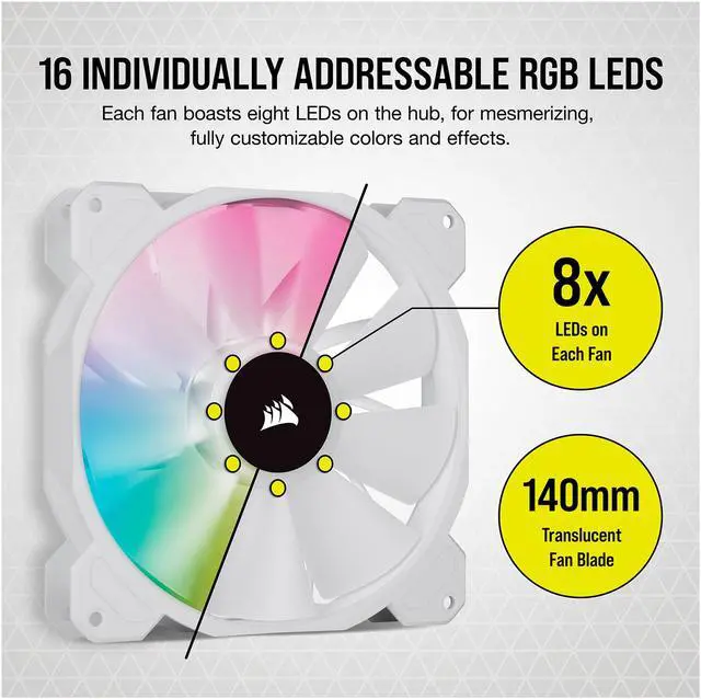 Alt view image 7 of 12 - CORSAIR iCUE SP140 RGB ELITE Performance 140mm White PWM Dual Fan Kit with iCUE Lighting Node CORE