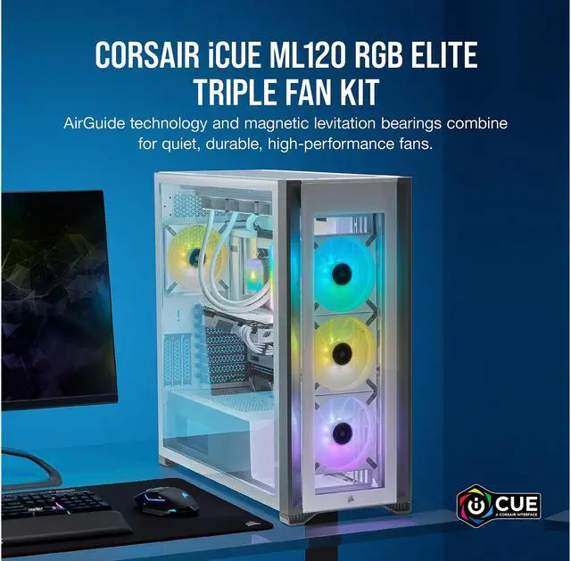 Alt view image 8 of 9 - CORSAIR iCUE ML120 RGB ELITE Premium 120mm PWM Magnetic Levitation Triple Fan Kit with iCUE Lighting Node CORE - White