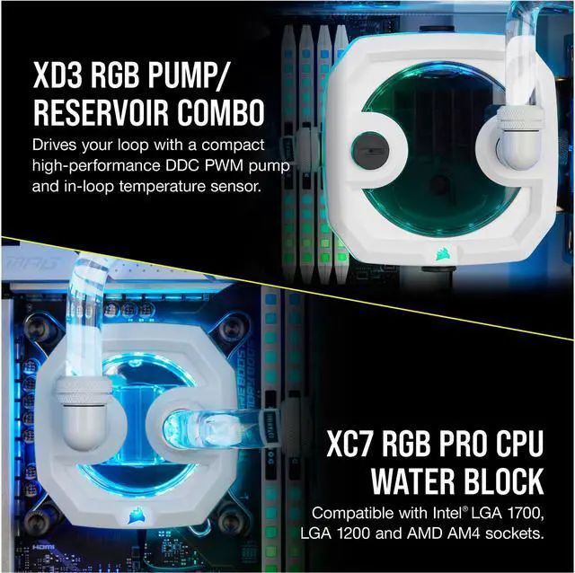 Alt view image 5 of 7 - CORSAIR Hydro X Series iCUE XH303i RGB PRO Custom Cooling Kit - White - Hardline CPU Cooling Loop - CPU Water Block - Compact Pump/Reservoir Combo - Radiator - 3x RGB Fans - iCUE Software Control