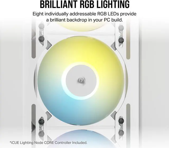 Alt view image 4 of 7 - Corsair iCUE AF120 RGB Elite 120mm PWM Triple Fan Kit - Eight RGB LEDs Per Fan - AirGuide Technology - Fluid Dynamic Bearing - Zero RPM Fan Mode - Included iCUE Lighting Node CORE Controller - White