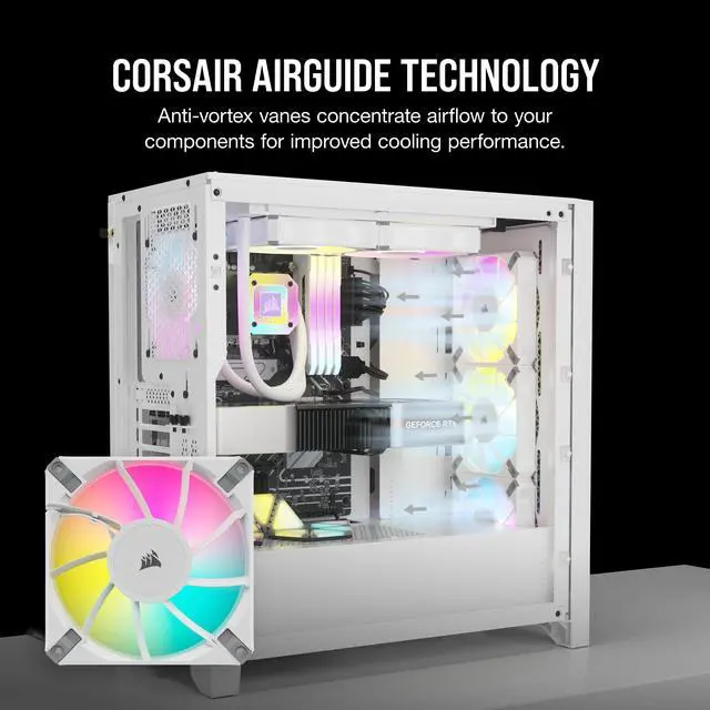 Alt view image 5 of 7 - Corsair iCUE AF120 RGB Elite 120mm PWM Triple Fan Kit - Eight RGB LEDs Per Fan - AirGuide Technology - Fluid Dynamic Bearing - Zero RPM Fan Mode - Included iCUE Lighting Node CORE Controller - White