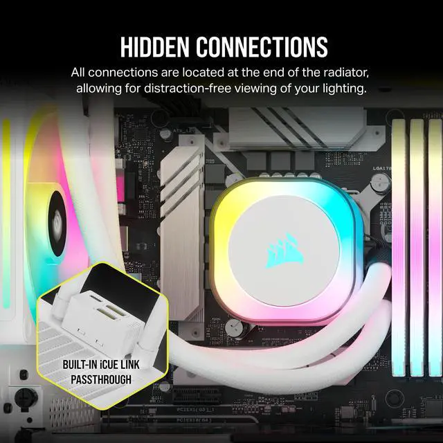 Alt view image 4 of 10 - CORSAIR iCUE LINK H100i RGB Liquid CPU Cooler - QX120 RGB Fans - White - 240mm Radiator - Fits Intel LGA 1851, 1700, AMD AM5 - iCUE LINK System Hub Included