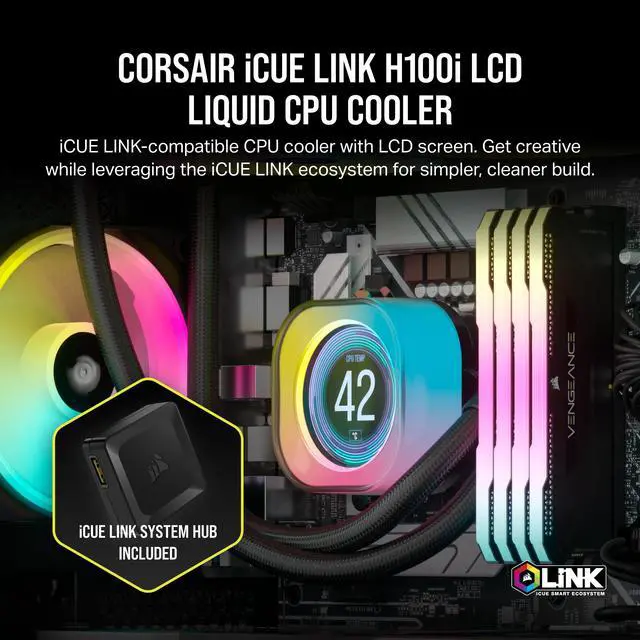 Alt view image 7 of 8 - CORSAIR iCUE Link H100i LCD Liquid CPU Cooler - 240mm AIO - QX120 RGB Fans - 2.1” IPS LCD Screen - Fits Intel LGA 1851/1700, AMD AM5 - iCUE Link System Hub Included - Black