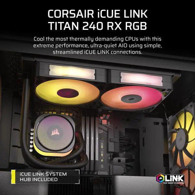 Alt view image 2 of 11 - CORSAIR iCUE LINK TITAN 240 RX RGB Liquid CPU Cooler - RX120 RGB Fans - Fits Intel LGA 1851/1700, AMD AM5/AM4 - iCUE LINK System Hub Included