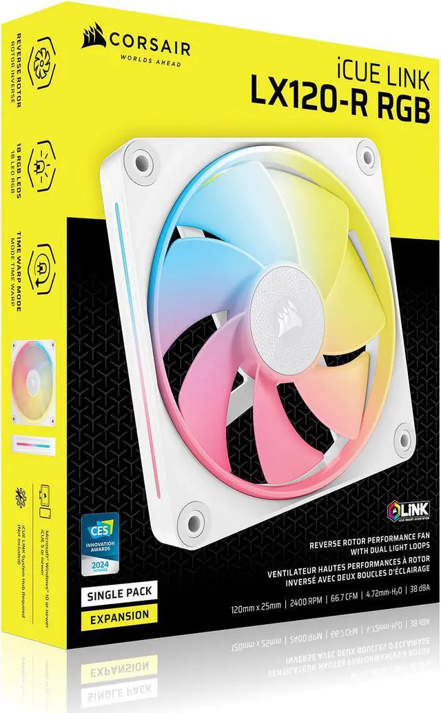 Alt view image 5 of 5 - CORSAIR iCUE LINK LX120-R RGB 120mm PWM Reverse Fan Expansion - White - Reverse Fan Blade - Dual Light Loops – Requires iCUE LINK System Hub (Sold Separately)