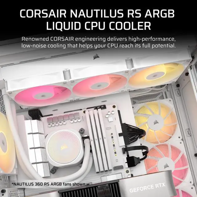 Alt view image 2 of 17 - CORSAIR NAUTILUS 240 RS ARGB Liquid CPU Cooler – White – RS120 ARGB Fans – Fits Intel®  LGA 1851, AMD® AM5/AM4 – Simple Daisy-Chain Connections - Direct Motherboard  Connection