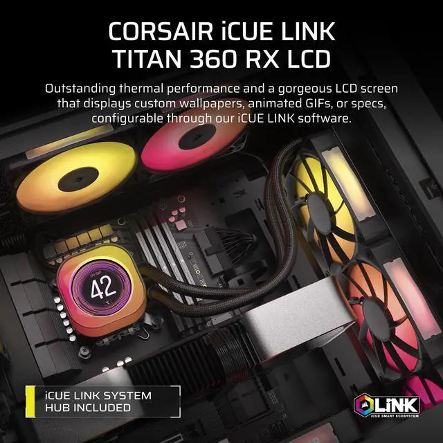 Alt view image 13 of 16 - CORSAIR iCUE LINK TITAN 360 RX LCD Liquid CPU Cooler – RX120 RGB Fans – Fits Intel® LGA  1851/1700, AMD® AM5/AM4 – iCUE LINK System Hub Included
