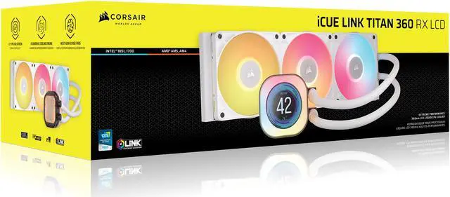 Alt view image 17 of 17 - CORSAIR iCUE LINK TITAN 360 RX LCD Liquid CPU Cooler – White – RX120 RGB Fans – Fits Intel®  LGA 1851/1700, AMD® AM5/AM4 – iCUE LINK System Hub Included