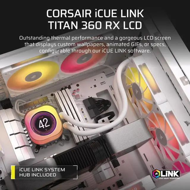 Alt view image 5 of 17 - CORSAIR iCUE LINK TITAN 360 RX LCD Liquid CPU Cooler – White – RX120 RGB Fans – Fits Intel®  LGA 1851/1700, AMD® AM5/AM4 – iCUE LINK System Hub Included