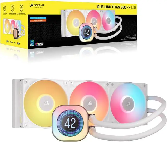 Alt view image 16 of 17 - CORSAIR iCUE LINK TITAN 360 RX LCD Liquid CPU Cooler – White – RX120 RGB Fans – Fits Intel®  LGA 1851/1700, AMD® AM5/AM4 – iCUE LINK System Hub Included
