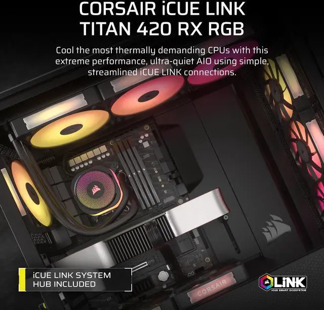 Alt view image 2 of 7 - CORSAIR iCUE LINK TITAN 420 RX RGB Liquid CPU Cooler – RX140 RGB Fans – Fits Intel® LGA 1851/1700, AMD® AM5/AM4 – iCUE LINK System Hub Included