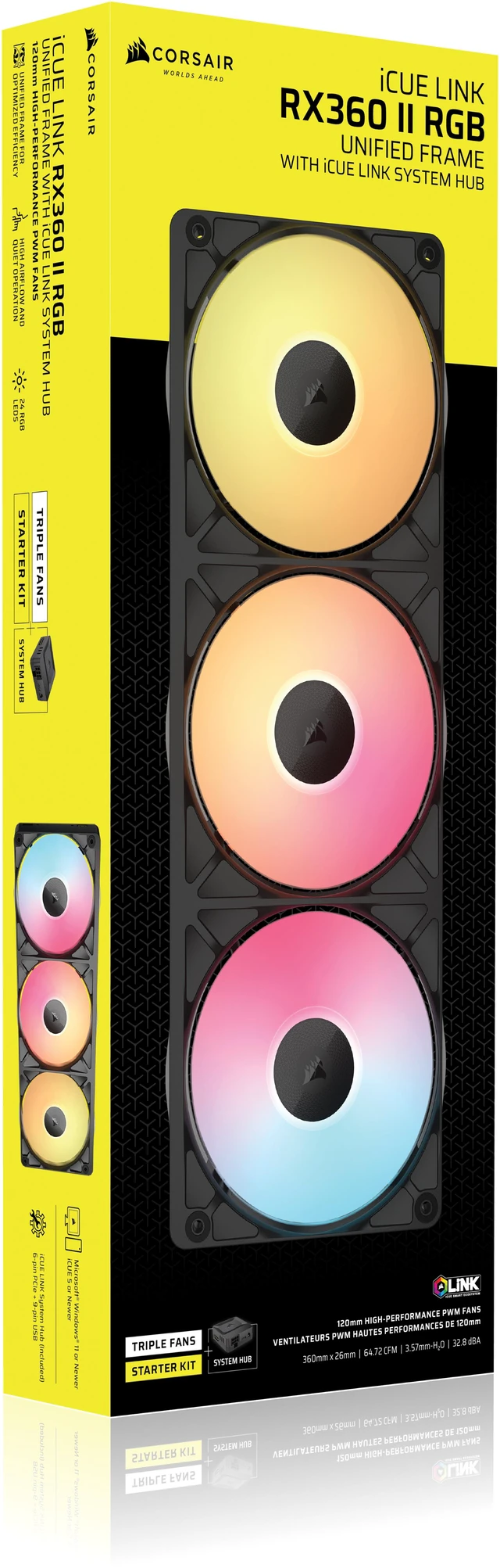 Alt view image 5 of 5 - CORSAIR iCUE LINK RX360 II RGB PWM Fans with System Hub - Unified Frame - Optimized for Quiet Operation - Up to 2,100 RPM - 8 RGB LEDs per Fan - iCUE LINK System Hub Included