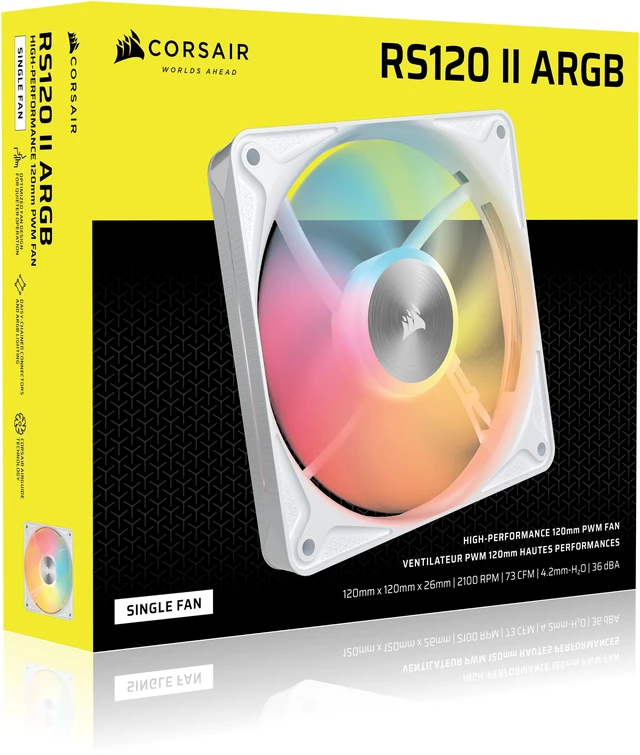 Alt view image 13 of 13 - CORSAIR RS120 II ARGB 120mm PWM Fan - White - Daisy-Chain Connectivity - Magnetic Dome Bearing - AirGuide Technology - 8x RGB LEDs - Zero RPM Mode