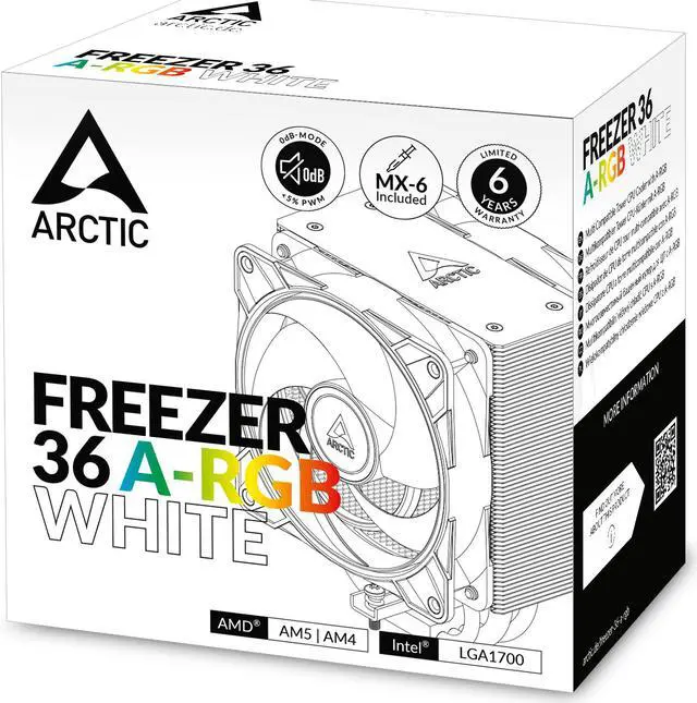 Alt view image 10 of 10 - Freezer 36 A-RGB (White) – White CPU Cooler for Intel Socket LGA1700 and AMD Socket AM4, AM5, Direct touch technology, duo 12cm Pressure Optimized Fan with A-RGB lighting in push pull configuration