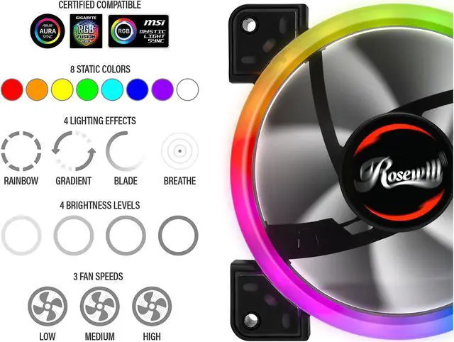 Alt view image 3 of 8 - Rosewill RGBF-S12001 120mm Dual Ring Addressable RGB Case Fan Hub Set, True RGB LED Case Fans (3-Pack) and 8-Port Fan Hub, Ultra Quiet Cooling with Long Life Rifle Bearings
