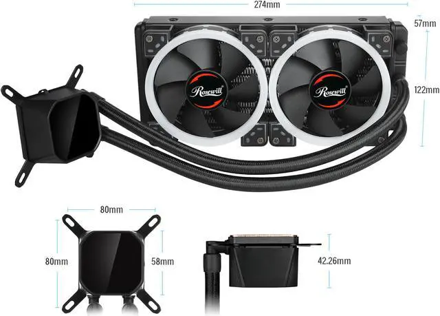 Alt view image 5 of 7 - Rosewill RGB AIO 240mm CPU Liquid Cooler, Closed Loop PC Water Cooling, Slim Copper Plate, Quiet Addressable RGB Ring Fans, Remote Control, Intel/AMD Compatible, 400mm Sleeved Tubing - PB240-RGB