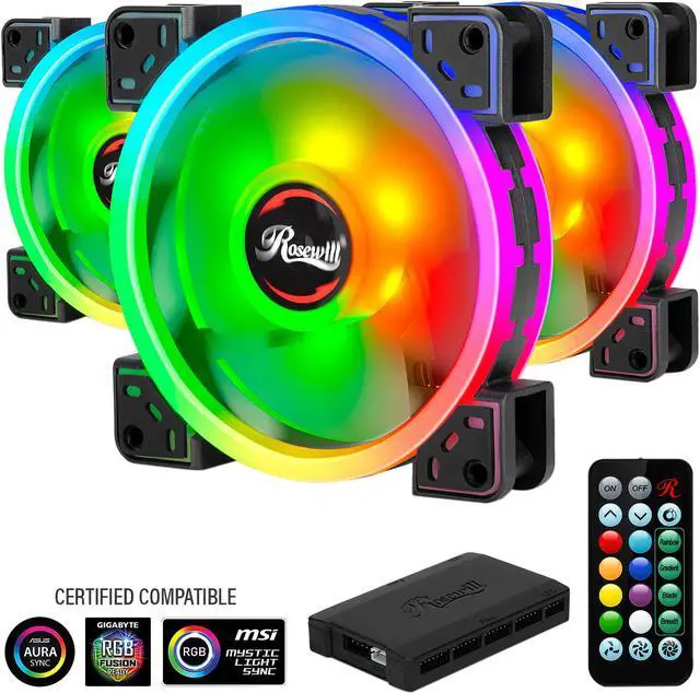 Main image of Rosewill RGBF-S12003 (3-Pack) 120mm Addressable RGB Fans and 8-Port Hub Set, Dual Ring True RGB LED, Ultra Quiet Cooling with Long Life Rifle Bearings