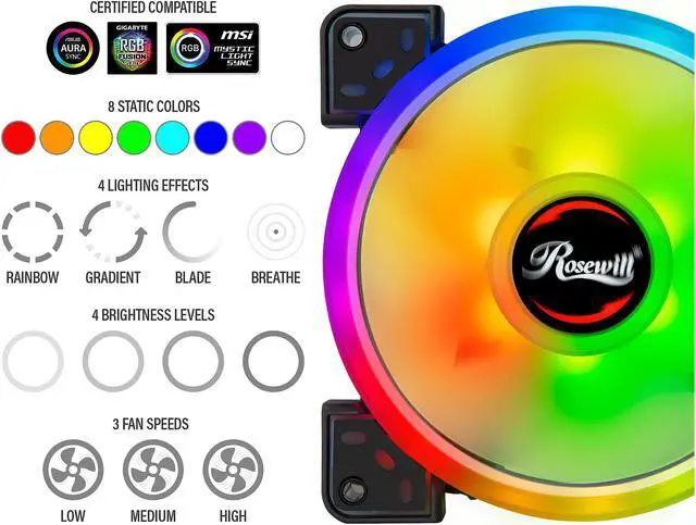 Alt view image 3 of 8 - Rosewill RGBF-S12003 (3-Pack) 120mm Addressable RGB Fans and 8-Port Hub Set, Dual Ring True RGB LED, Ultra Quiet Cooling with Long Life Rifle Bearings