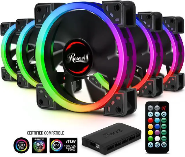 Main image of Rosewill RGBF-23001 120mm Dual Ring Addressable RGB Case Fan Hub Set, True RGB LED Case Fans (5-Pack) and 8-Port Fan Hub, Ultra Quiet Cooling with Long Life Rifle Bearings