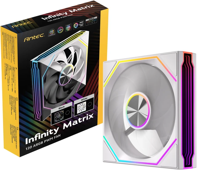 Main image of Antec Infinity Matrix 120 ARGB White, 120mm PWM Fan, Independent Dual-Cable Design, Four-Sided Infinity Mirror Lighting, PWM 1800 RPM, 5V 3-Pin ARGB