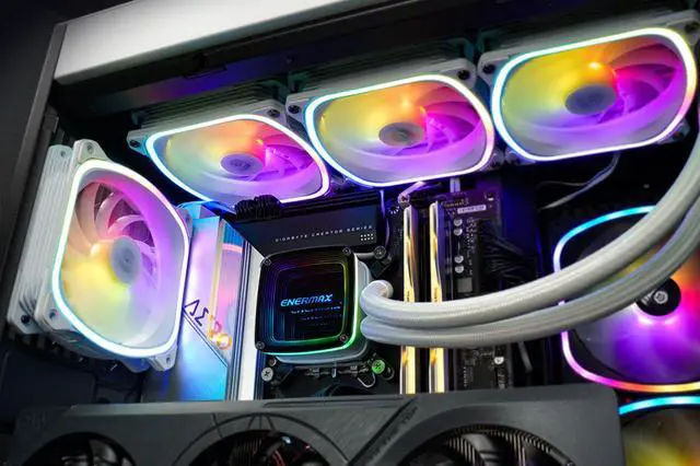 Alt view image 8 of 8 - ENERMAX AQUAFUSION ADV 360 ARGB AIO CPU Liquid Cooler White, Infinity Mirror RGB Pump, 360mm Radiator, Triple 120mm SquaA ADV RGB PWM Fans, 380W TDP, 500-2000 RPM, Dual-Chamber Water Block, AM4 / LGA 1200/1151 AMD AM5 & Intel LGA1700 Ready