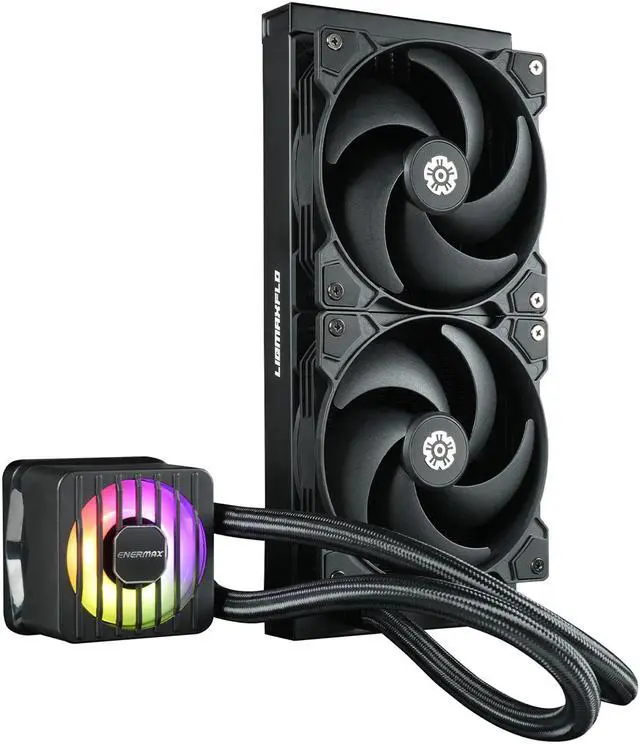 Alt view image 2 of 7 - ENERMAX LIQMAXFLO SR 240 ARGB AIO CPU Liquid Cooler - 60mm VRM Fan up to 3000 RPM, PWM-Controlled Pump, 240mm Radiator, Dual Pressure-Optimized Silent Flow 120mm FDB Fans up to 1800 RPM, 350W TDP - AMD AM5 & Intel LGA1700 Ready