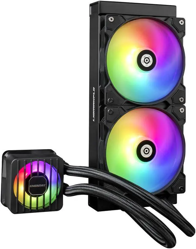 Alt view image 2 of 8 - ENERMAX LIQMAXFLO 240 ARGB AIO CPU Liquid Cooler - 60mm VRM Fan up to 3000 RPM, PWM-Controlled Pump, 38mm Thick Radiator, Dual Pressure-Optimized Silent Flow 120mm FDB Fans up to 1800 RPM, 380W TDP - AMD AM5 & Intel LGA1700 Ready