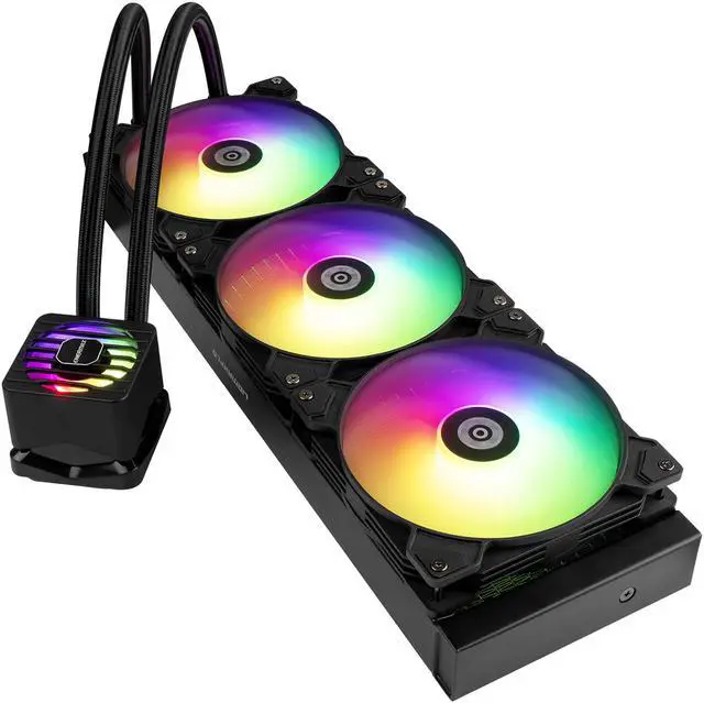 Alt view image 2 of 6 - ENERMAX LIQMAXFLO 420 ARGB AIO CPU Liquid Cooler - 60mm VRM Fan up to 3000 RPM, PWM-Controlled Pump, 38mm Thick Radiator, Triple Pressure-Optimized Silent Flow 140mm FDB Fans up to 1700 RPM, 420W TDP - AMD AM5 & Intel LGA1700 Ready