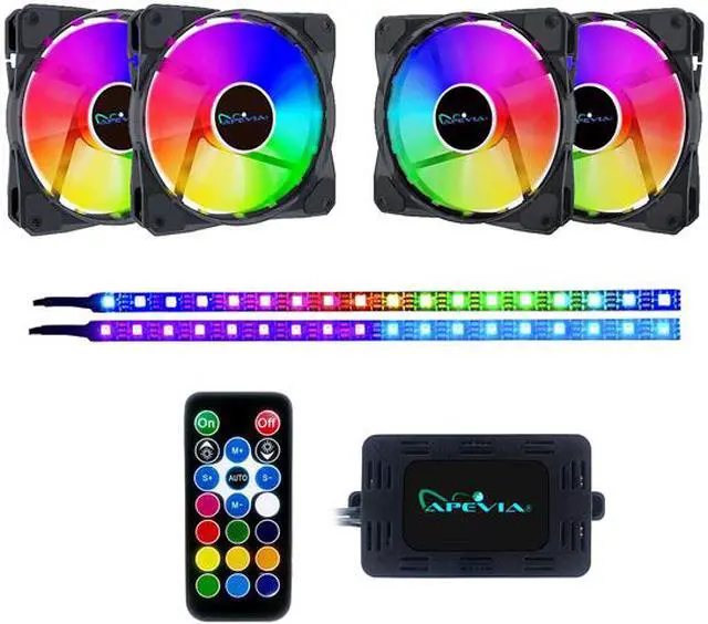 Alt view image 9 of 13 - Apevia FR412L2S-RGB FrostBlade 120mm Silent Addressable RGB Color Changing LED Fan (4 fans) + 2 x Color Changing Magnetic LED Strips & 4-pin Control Box and RF Remote (4 + 2 Pack)